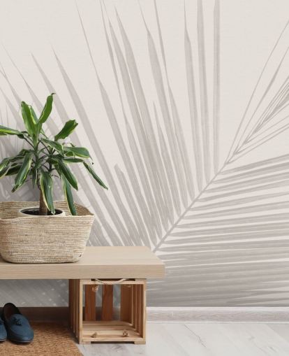 mural de pared monocromo de la jungla llamado hojas de palma tropical monocromáticas para dormitorios, comedores y baños