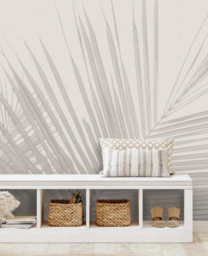 monochrome jungle wall mural called Monochrome Tropical Palm Leaves for bedrooms, dining rooms and bathrooms