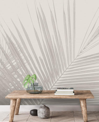 yksivärinen viidakon seinämaalaus nimeltä Monochrome Tropical Palm Leaves makuuhuoneisiin, ruokasaleihin ja kylpyhuoneisiin