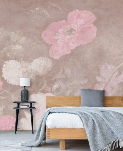 rosa blomstertapet veggmaleri kalt Moody Baroque Florals av Bloomery Decor for soverom