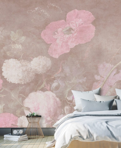 rosa blomstertapet veggmaleri kalt Moody Baroque Florals av Bloomery Decor for soverom