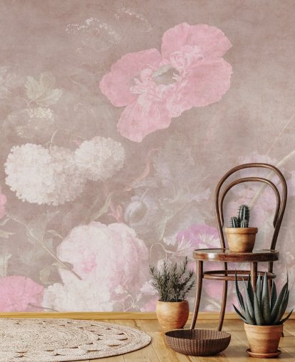 roze bloemenbehangmuurschildering genaamd Moody Baroque Florals van Bloomery Decor voor slaapkamers