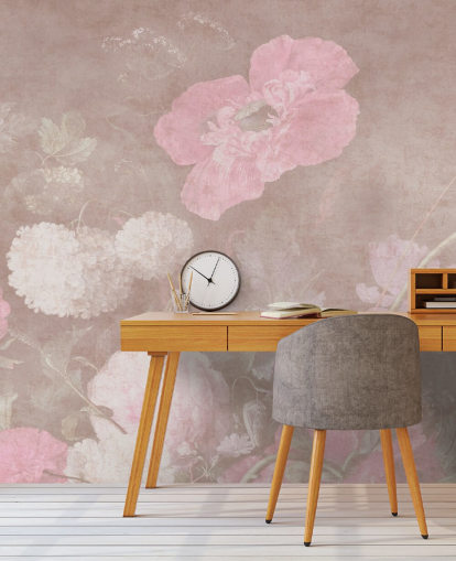 rosafarbenes Blumentapetenwandbild Moody Baroque Florals von Bloomery Decor für Schlafzimmer