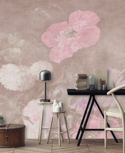 lyserødt blomstertapet vægmaleri kaldet Moody Baroque Florals af Bloomery Decor til soveværelser