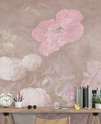 rosa blommig tapetväggmålning kallad Moody Baroque Florals av Bloomery Decor för sovrum