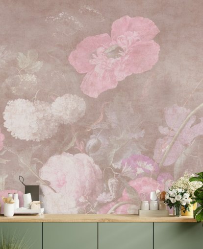 pink floral wallpaper mural called Moody Baroque Florals by Bloomery Decor for bedrooms