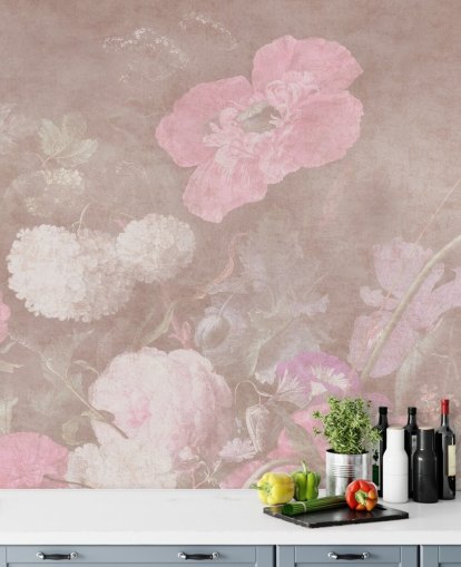 rosa blommig tapetväggmålning kallad Moody Baroque Florals av Bloomery Decor för sovrum