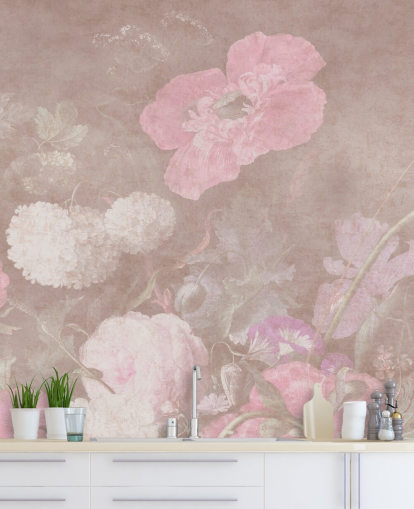 pink floral wallpaper mural called Moody Baroque Florals by Bloomery Decor for bedrooms