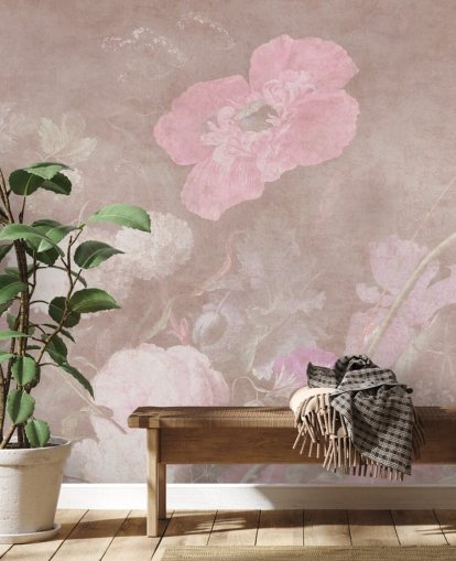 lyserødt blomstertapet vægmaleri kaldet Moody Baroque Florals af Bloomery Decor til soveværelser
