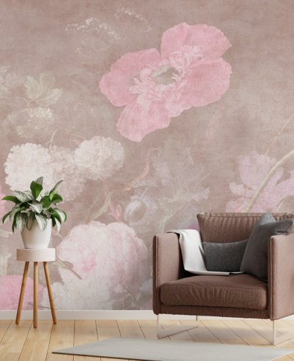 carta da parati murale floreale rosa chiamata Moody Baroque Florals di Bloomery Decor per camere da letto