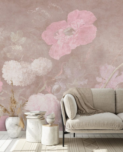 lyserødt blomstertapet vægmaleri kaldet Moody Baroque Florals af Bloomery Decor til soveværelser