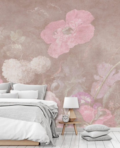 rosafarbenes Blumentapetenwandbild Moody Baroque Florals von Bloomery Decor für Schlafzimmer rosafarbenes Blumentapetenwandbild Moody Baroque Florals von Bloomery Decor für Schlafzimmer