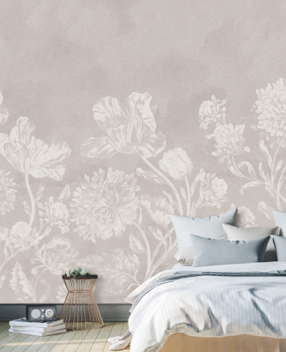 beige floral wallpaper mural called Beige Moody Florals by Bloomery Decor for bedrooms, living rooms and dining rooms