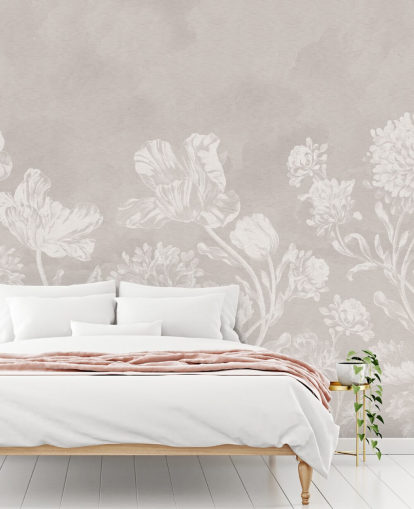 beige floral wallpaper mural called Beige Moody Florals by Bloomery Decor for bedrooms, living rooms and dining rooms
