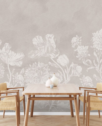 beigefarbenes Blumentapetenwandbild namens Beige Moody Florals von Bloomery Decor für Schlafzimmer, Wohnzimmer und Esszimmer