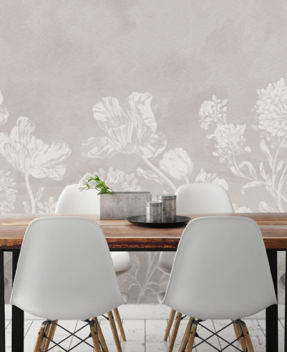 carta da parati murale floreale beige chiamata Beige Moody Florals di Bloomery Decor per camere da letto, salotti e sale da pranzo