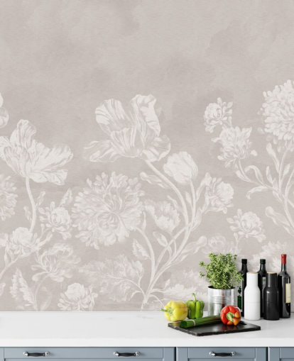 beige bloemenbehangmuurschildering genaamd Beige Moody Florals van Bloomery Decor voor slaapkamers, woonkamers en eetkamers