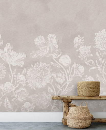 beige blomstertapet vægmaleri kaldet Beige Moody Florals af Bloomery Decor til soveværelser, stuer og spisestuer