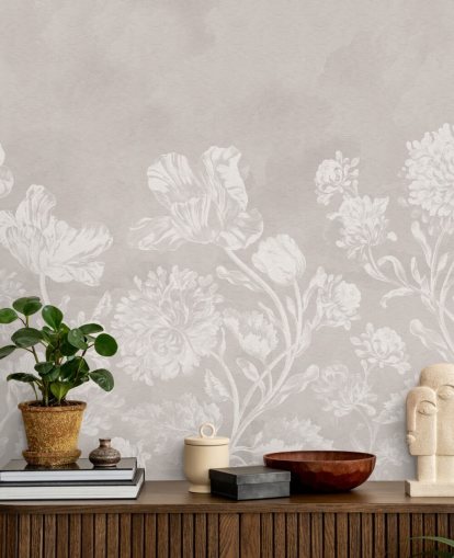 beigefarbenes Blumentapetenwandbild namens Beige Moody Florals von Bloomery Decor für Schlafzimmer, Wohnzimmer und Esszimmer