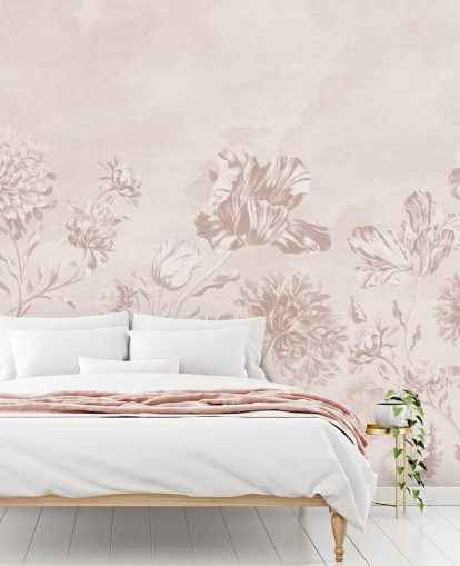 fresque murale florale rose appelée Blush Moody Florals par Bloomery Decor pour chambres à coucher