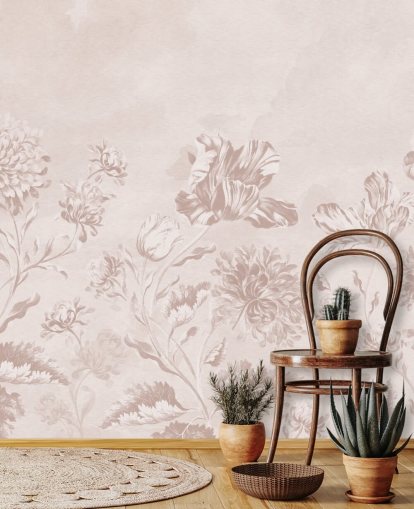fresque murale florale rose appelée Blush Moody Florals par Bloomery Decor pour chambres à coucher