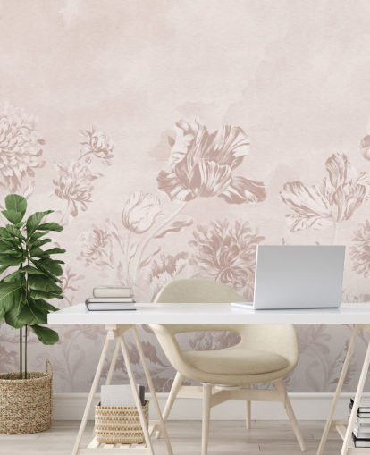 rosa blommig väggmålning som heter Blush Moody Florals av Bloomery Decor för sovrum