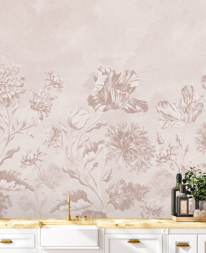 fresque murale florale rose appelée Blush Moody Florals par Bloomery Decor pour chambres à coucher