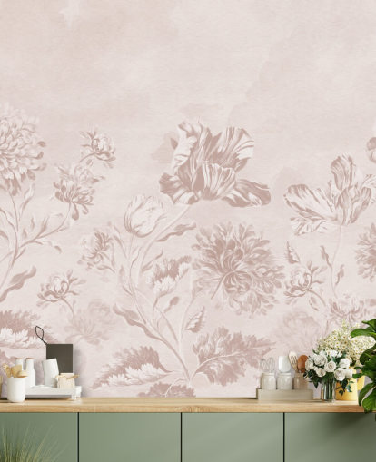 murale floreale rosa chiamato Blush Moody Florals di Bloomery Decor per camere da letto
