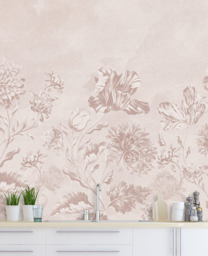 roze bloemenmuurschildering genaamd Blush Moody Florals van Bloomery Decor voor slaapkamers