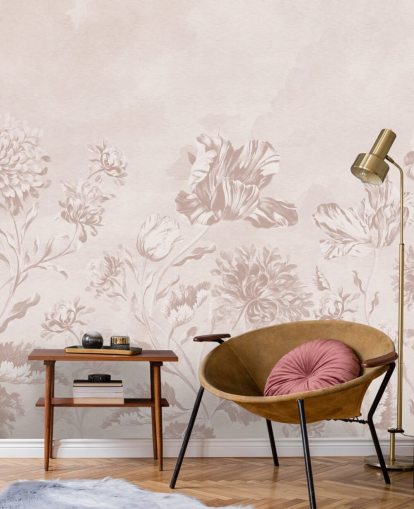 rosa blommig väggmålning som heter Blush Moody Florals av Bloomery Decor för sovrum
