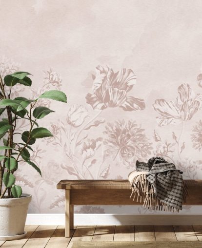 rosa blommig väggmålning som heter Blush Moody Florals av Bloomery Decor för sovrum