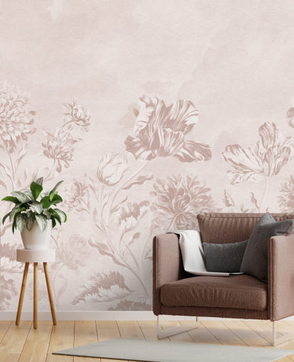 lyserød blomstervægmaleri kaldet Blush Moody Florals af Bloomery Decor til soveværelser