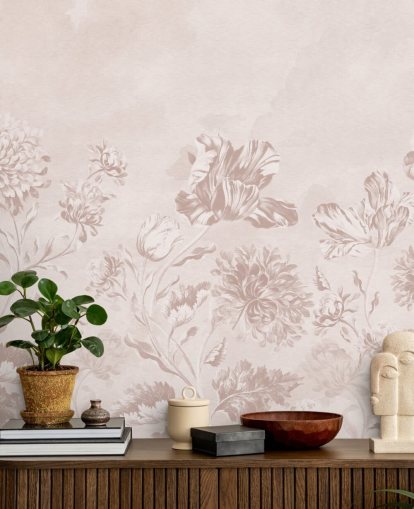 vaaleanpunainen kukka-seinämaalaus nimeltä Blush Moody Florals by Bloomery Decor makuuhuoneisiin