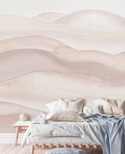 carta da parati murale ad acquerello color pesca chiamata Peach Ombre Watercolour Landscape di Bloomery Decor per bagni, camere da letto e corridoi