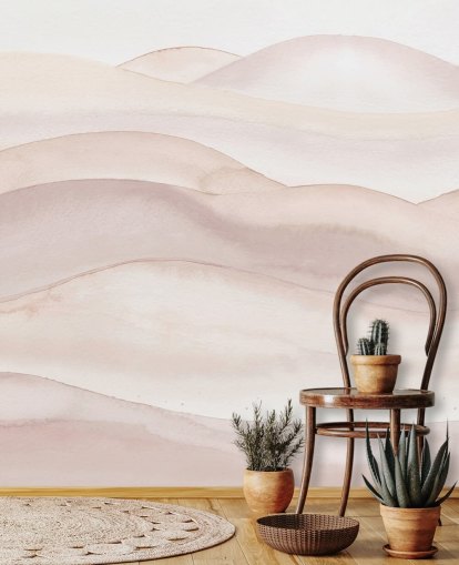 persika akvarell tapetväggmålning kallad Peach Ombre Watercolor Landscape av Bloomery Decor för badrum, sovrum och korridorer