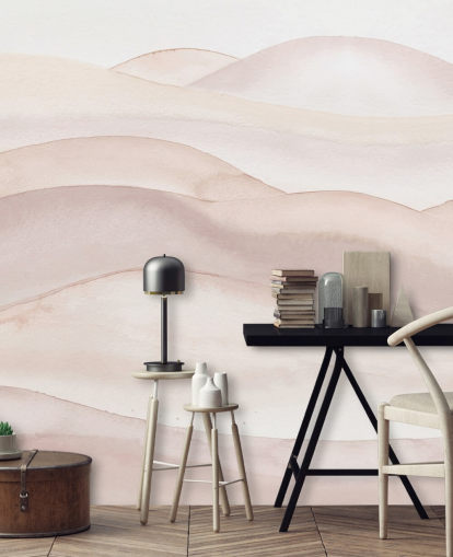 peach watercolor wallpaper mural called Peach Omber Watercolor Landscape by Bloomery Decor for bathrooms, bedrooms and hallways