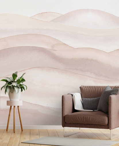 fersken akvarell tapet veggmaleri kalt Peach Ombre Watercolor Landscape av Bloomery Decor for bad, soverom og ganger