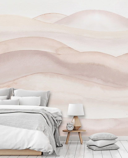 mural de papel pintado en acuarela de melocotón llamado Peach Ombre Watercolour Landscape de Bloomery Decor para baños, dormitorios y pasillos