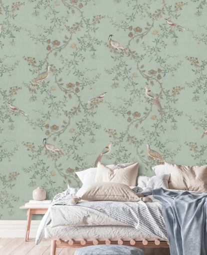 blauwgroen chinoiserie behangmuurschildering genaamd Vintage Teal Chinoiserie van Bloomery Decor voor slaapkamers en woonkamers