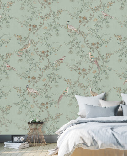 Blaugrüne Chinoiserie-Tapete namens Vintage Teal Chinoiserie von Bloomery Decor für Schlafzimmer und Wohnzimmer