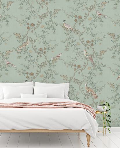 Bloomery Decorin sinivihreä chinoiserie -taustakuvamaalaus nimeltä Vintage Teal Chinoiserie makuuhuoneisiin ja olohuoneisiin