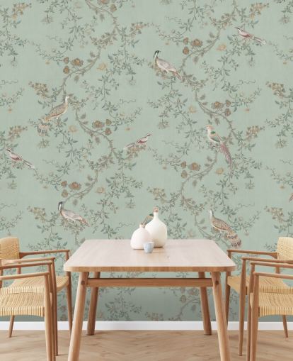 papier peint mural teal chinoiserie appelé Vintage Teal Chinoiserie par Bloomery Decor pour les chambres et les salons