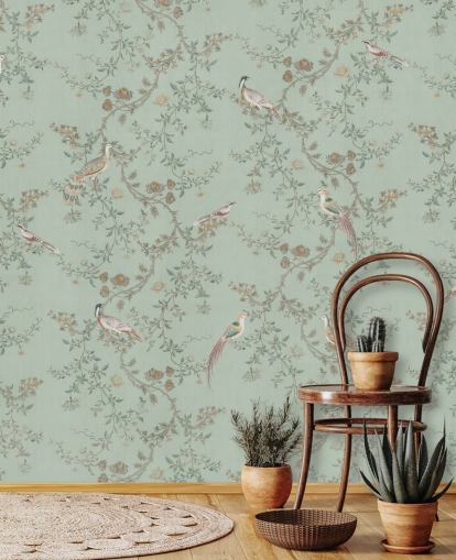 blågrønn chinoiserie tapetmaleri kalt Vintage Teal Chinoiserie av Bloomery Decor for soverom og stuer