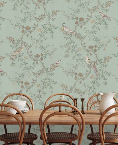 blauwgroen chinoiserie behangmuurschildering genaamd Vintage Teal Chinoiserie van Bloomery Decor voor slaapkamers en woonkamers