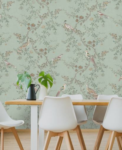 teal chinoiserie tapetväggmålning som heter Vintage Teal Chinoiserie av Bloomery Decor för sovrum och vardagsrum teal chinoiserie tapetväggmålning som heter Vintage Teal Chinoiserie av Bloomery Decor för sovrum och vardagsrum