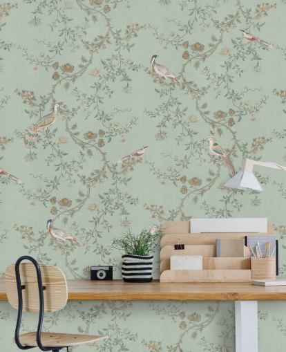 teal chinoiserie wallpaper mural called Vintage Teal Chinoiserie by Bloomery Decor for bedrooms and living rooms