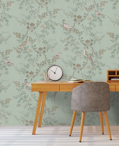 blågrønn chinoiserie tapetmaleri kalt Vintage Teal Chinoiserie av Bloomery Decor for soverom og stuer