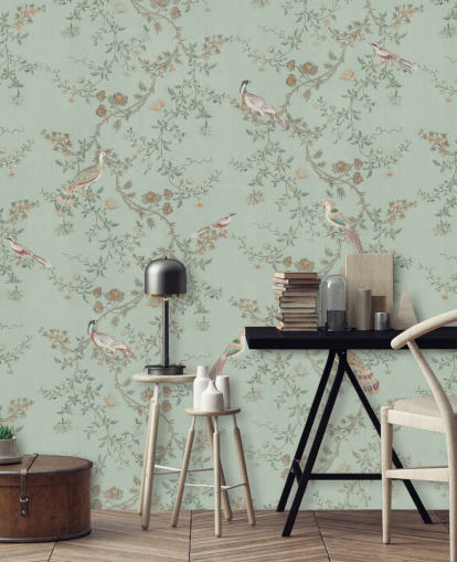 teal chinoiserie wallpaper mural called Vintage Teal Chinoiserie by Bloomery Decor for bedrooms and living rooms