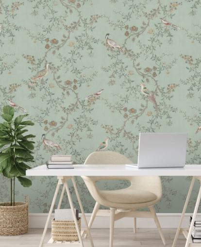 teal chinoiserie wallpaper mural called Vintage Teal Chinoiserie by Bloomery Decor for bedrooms and living rooms