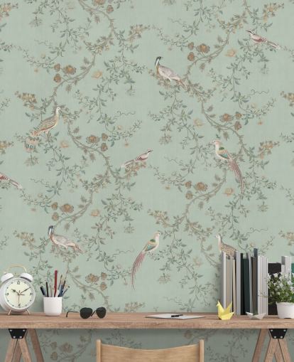 papier peint mural teal chinoiserie appelé Vintage Teal Chinoiserie par Bloomery Decor pour les chambres et les salons